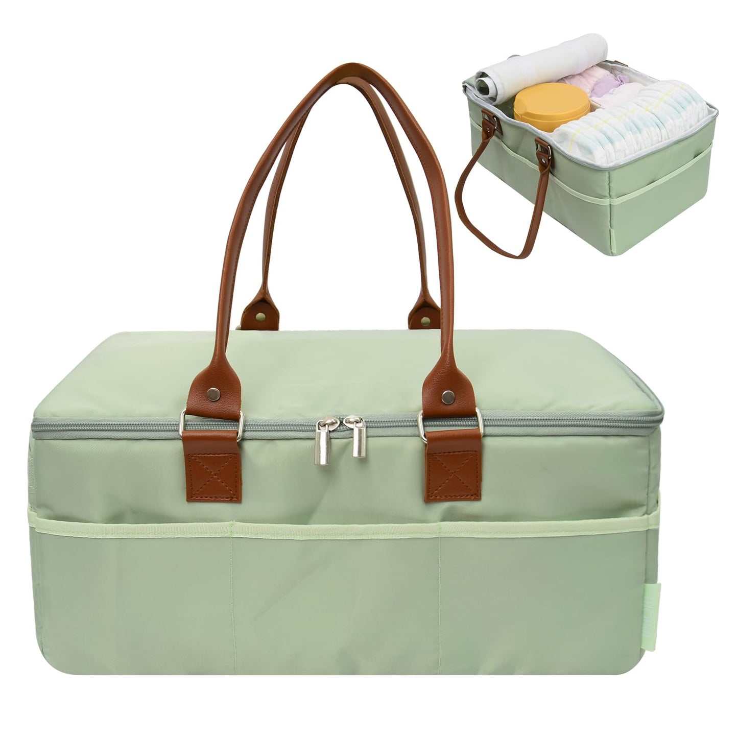 Picsthetic Diaper Caddy Organizer Baby Basket for Baby Shower With Lid，Polyester Waterproof Car Caddy for New Born，Portable and Foldable Baby Essentials with Handle/8 Side Pockets(Green)