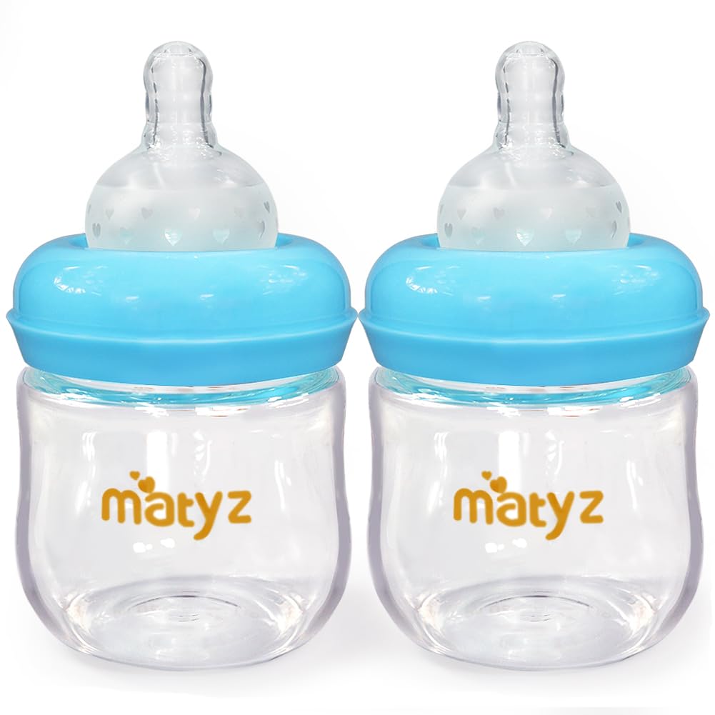 Matyz 2-Pack Glass Baby Breastfeeding Bottles with Caps (Blue 4Oz) - Wide Neck New Born Bottles for Baby Breastfeeding - 4 Oz Glass Baby Bottles with Lids - Breastfeeding Bottles for Newborn Babies