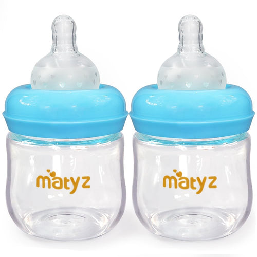 Matyz 2-Pack Glass Baby Breastfeeding Bottles with Caps (Blue 4Oz) - Wide Neck New Born Bottles for Baby Breastfeeding - 4 Oz Glass Baby Bottles with Lids - Breastfeeding Bottles for Newborn Babies