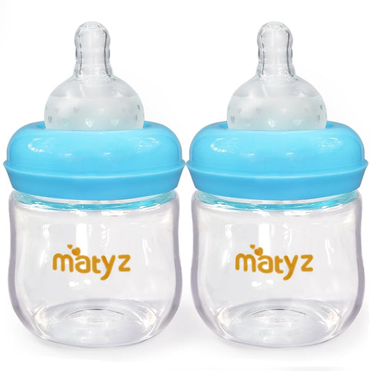 Matyz 2-Pack Glass Baby Breastfeeding Bottles with Caps (Blue 4Oz) - Wide Neck New Born Bottles for Baby Breastfeeding - 4 Oz Glass Baby Bottles with Lids - Breastfeeding Bottles for Newborn Babies