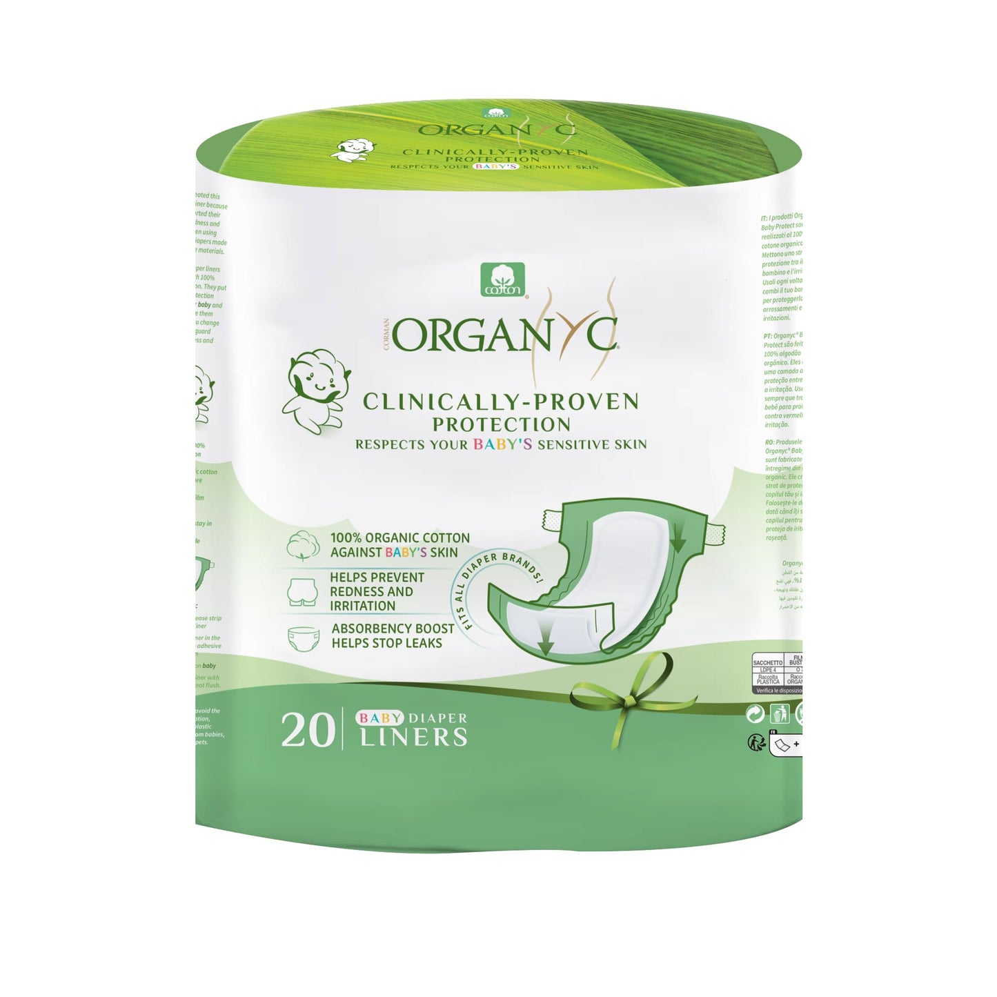 Organyc 100% Certified Organic Cotton Baby Diaper Liner for Sensitive Skin Fits All Brands and Sizes Diapers Except New Born 20 Count